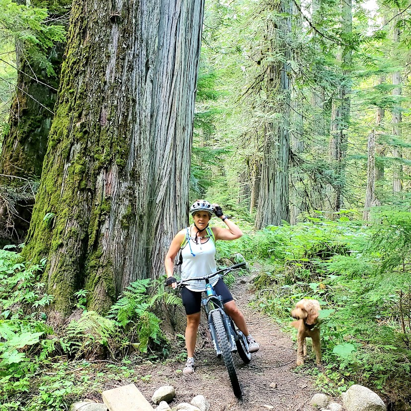 Jane beside the ancient cedar on Upper Priest River Trail